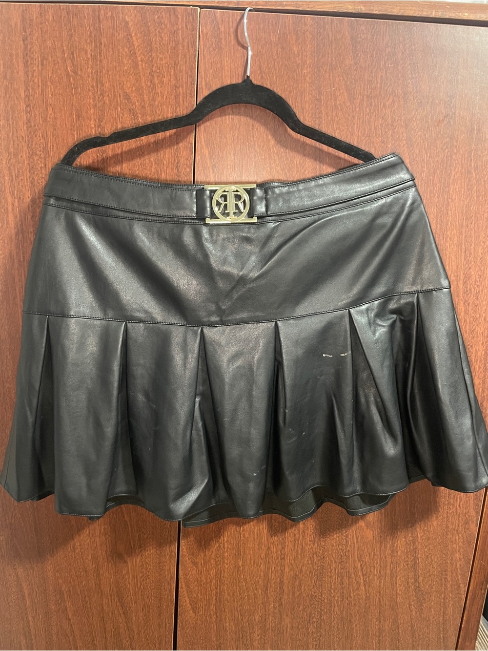 River Island Black Faux Leather Skater Mini Skirt with Gold Logo Buckle
